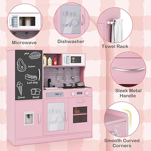 Miniatura 6 de HONEY JOY Juego de cocina para niños de 39 pulgadas, juego de cocina grande de madera con pizarrón, teléfono, utensilios, horno, microondas,