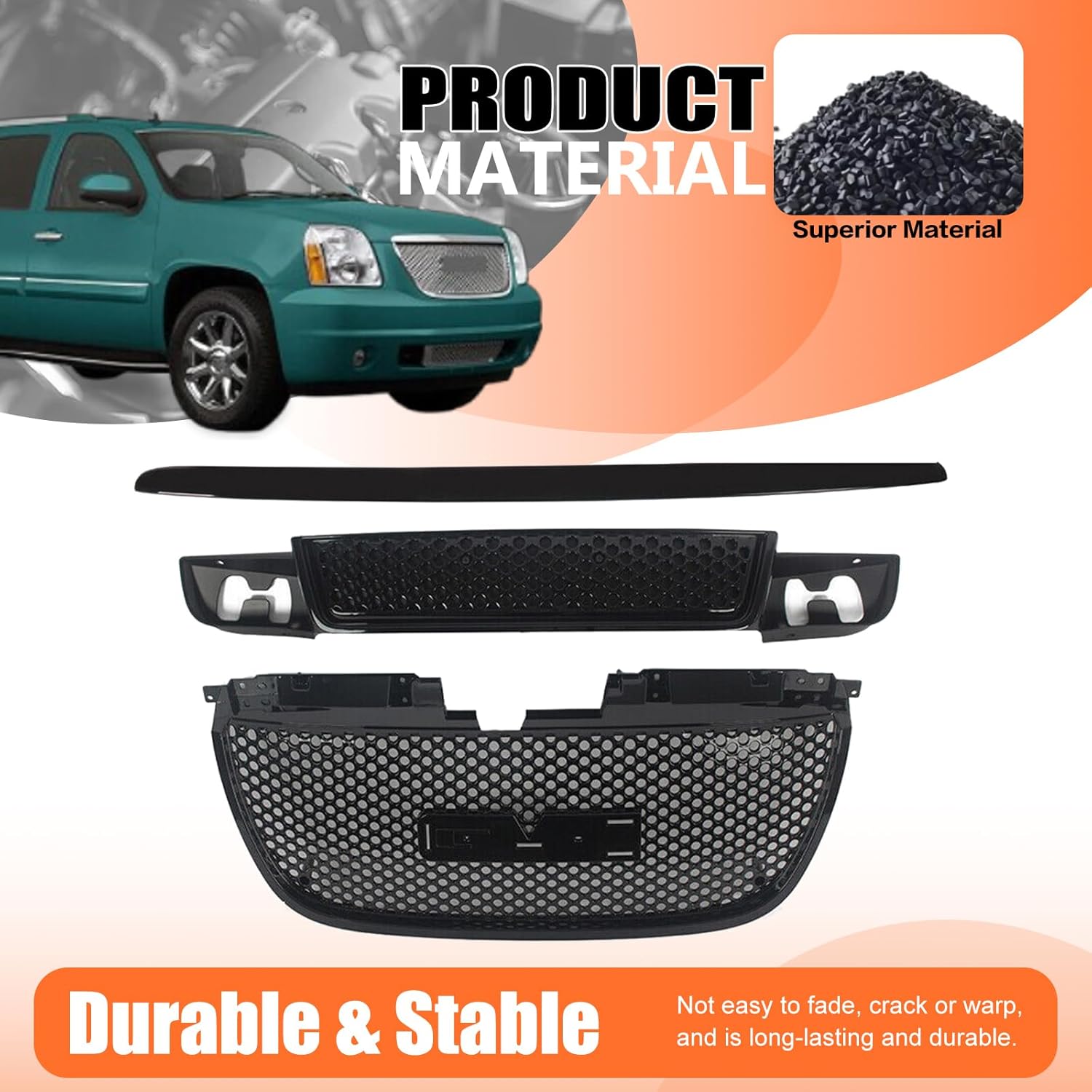 JX RACING Front Upper Lower Bumper Grille With Hood Molding Trim Compatible with 2007-2014 GMC Yukon XL Denali Combo Grill Kit Replacement for 22761715 15264513 25891151