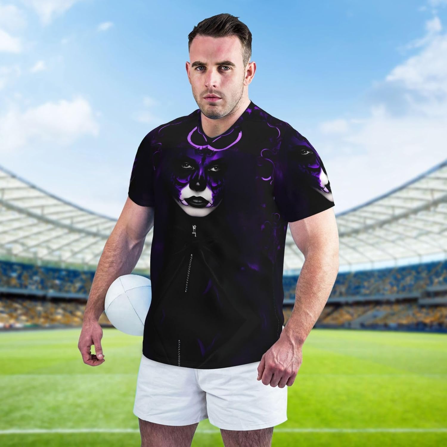 Purple Black Goth Spooky Rugby Football Jersey for Men, Comfortable V-Neck Loose Fit Top for Team Sports Athletics