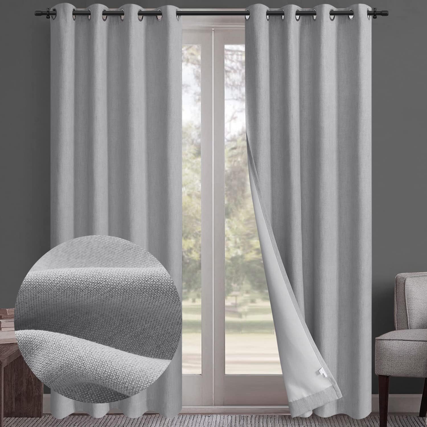 Rose Home Fashion Linen Light Grey Blackout Curtains, Set of 2 Panels Room Darkening Grey Curtains 84 Inch Length Grommet Curtains Drapes for Bedroom/Living Room - (50W by 84L, Grey)