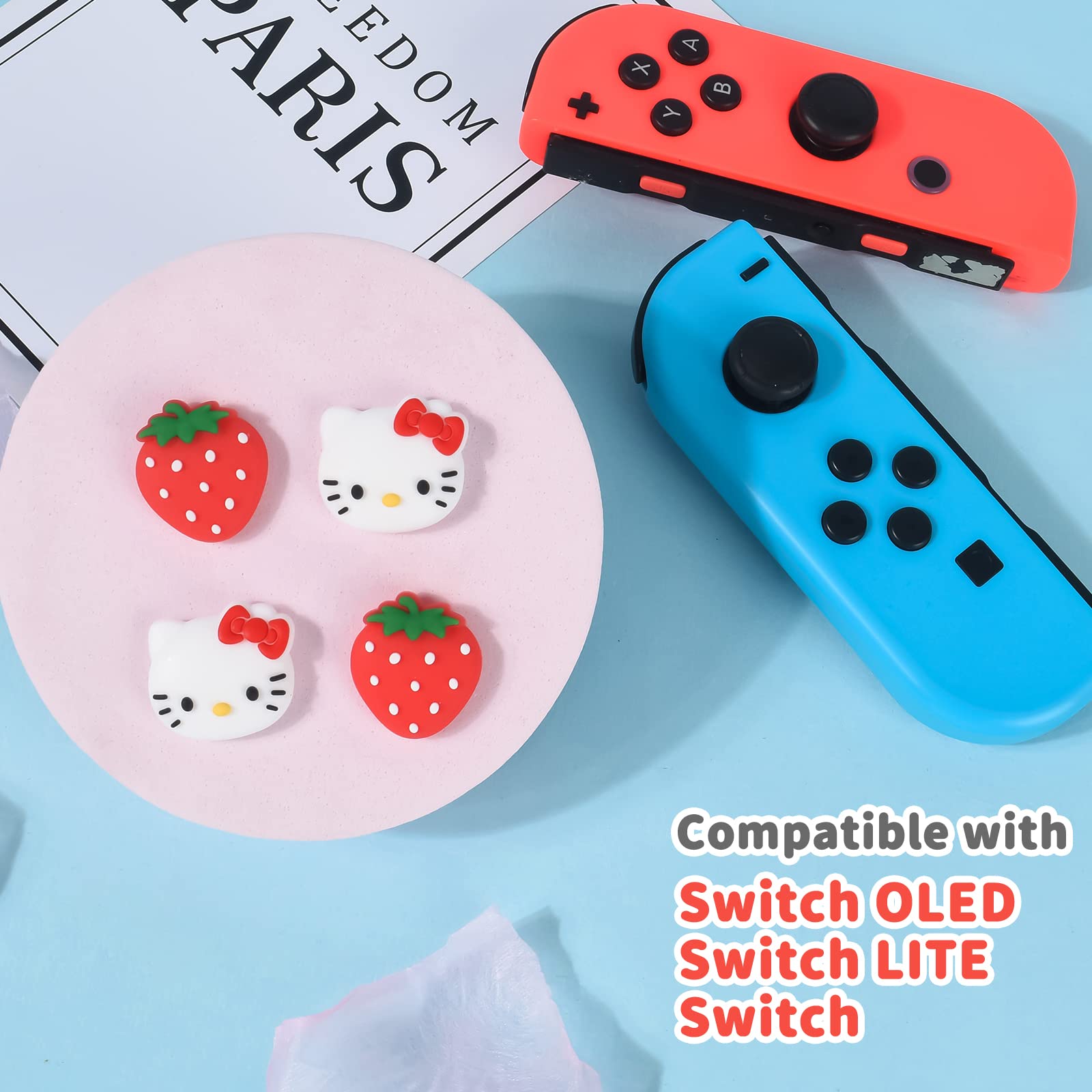 DLseego Mignon Thumb Grips Compatible with Switch Lite/Switch OLED Joy Con,Caps en Silicone Souple pour Manettes de Jeu,Capuchons pour Boutons de Manettes Analogiques-Chaton et Fraise