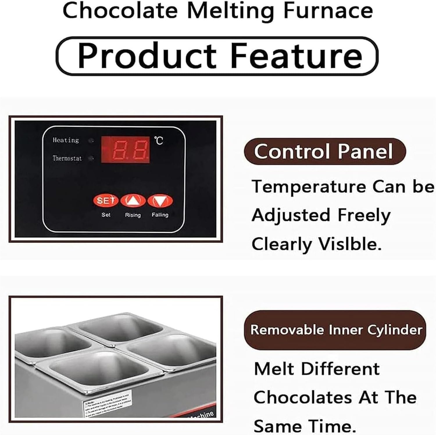 Chocolate Melting Pot Machine,with Digital Temp Control 32~203°F,500W Electric Stainless Steel(2Tank)