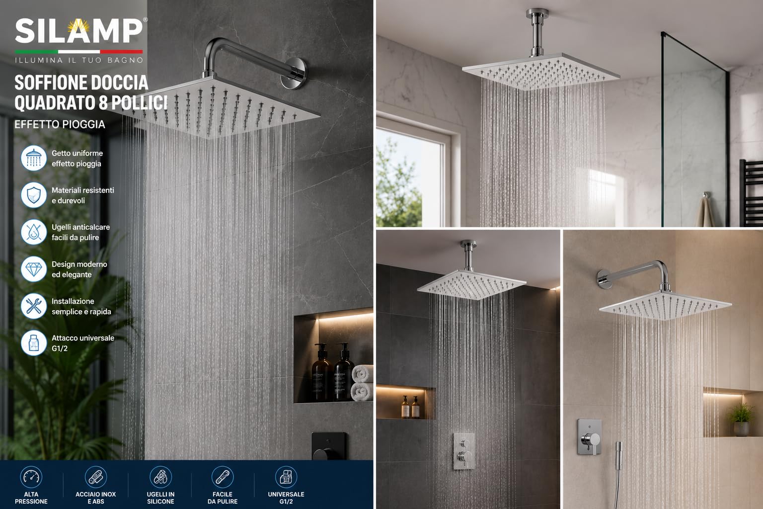 Soffione Doccia Rotondo 200mm Effetto Pioggia Acciaio Inox 304 Soffione Cromato