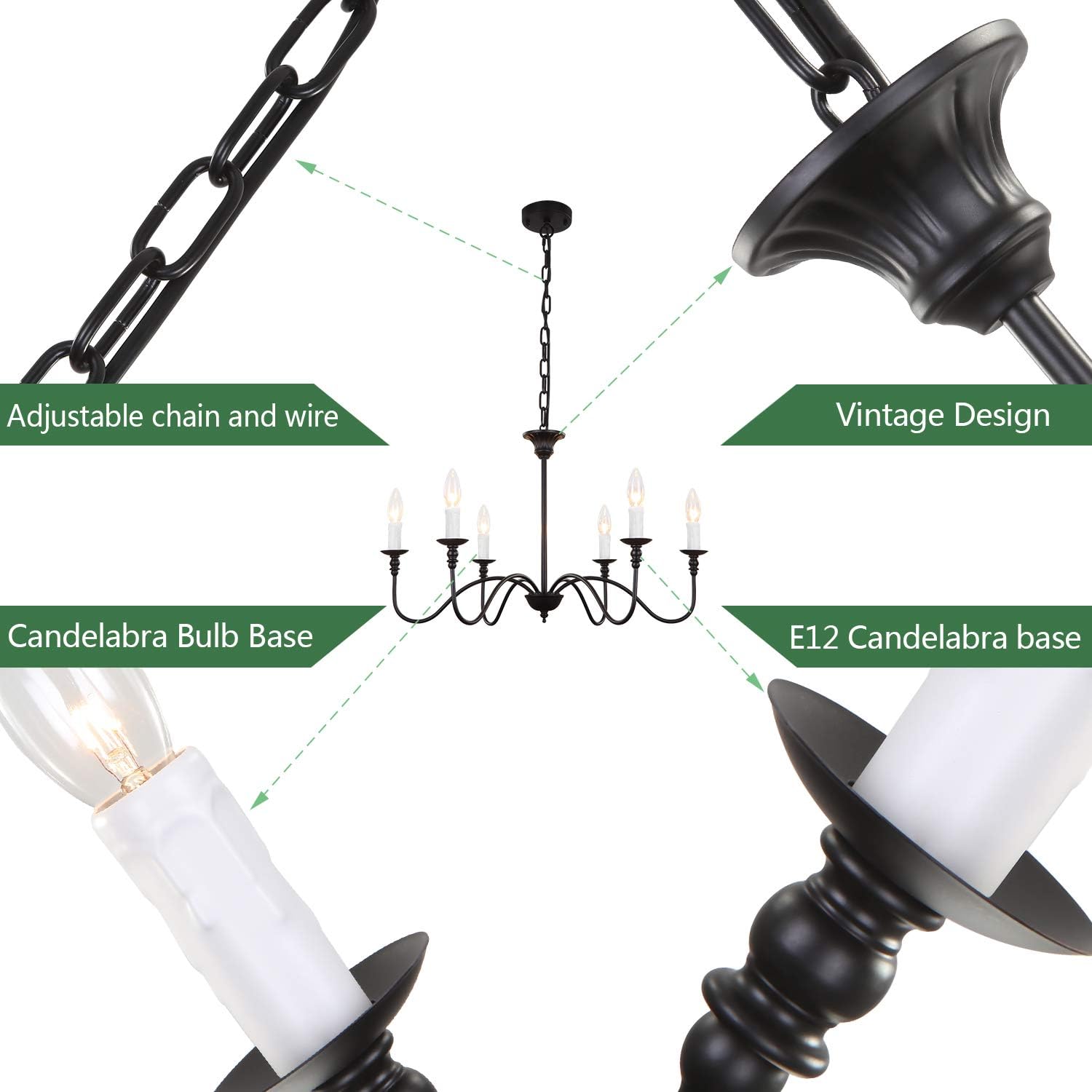 Holiday Deals 🛒 Luupyia 6 Light Black Farmhouse Chandelier, Metal, Height Adjustable, Candle Hanging Chandelier for Dining Room Farmhouse Lighting Fixtures Hanging Black Mid Century Chandelier Foyer Living Room