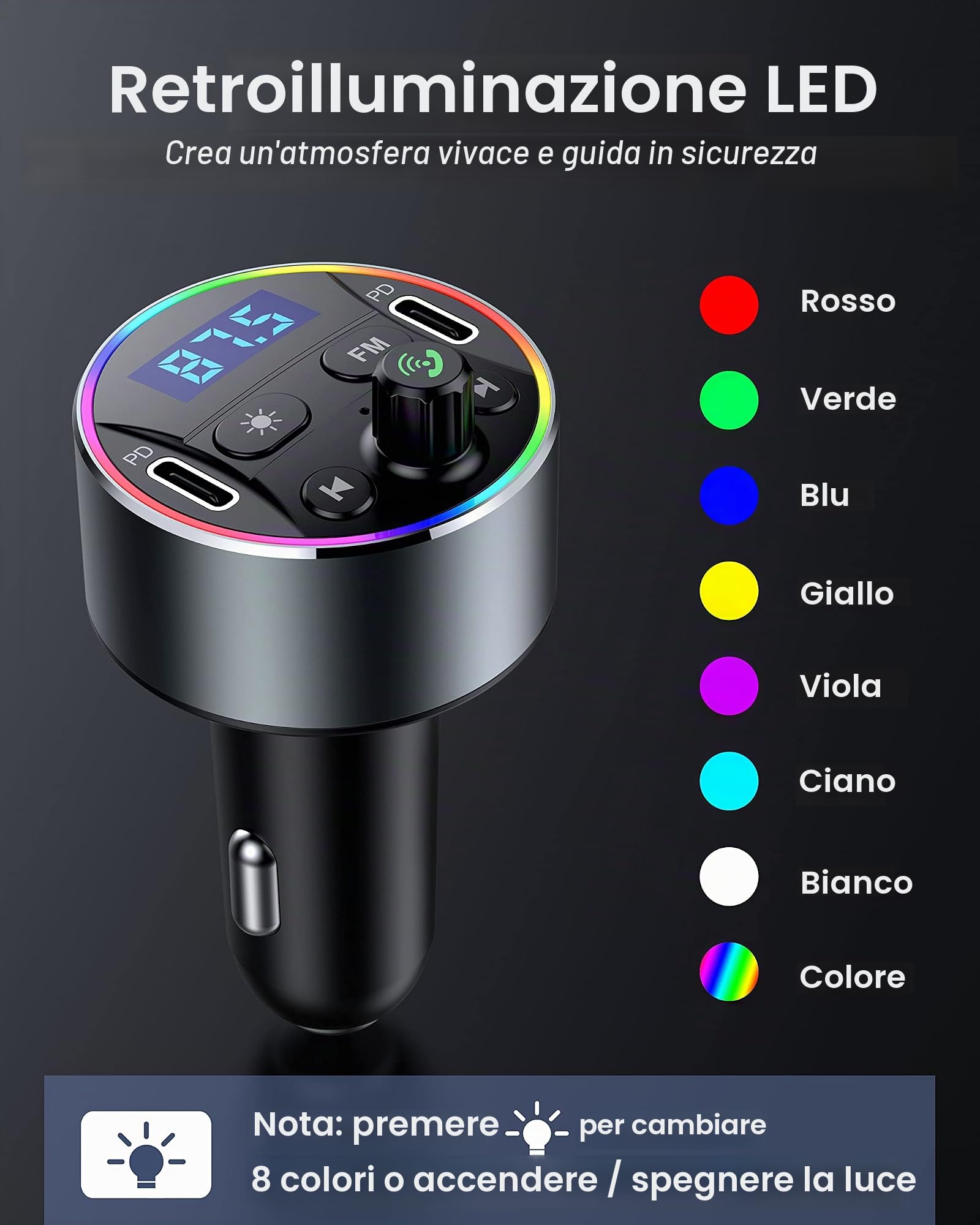 Trasmettitore Bluetooth per Auto con PD 20W Caricatore per Accendisigari e Adattatore Trasmettitore FM Bluetooth Auto Vivavoce