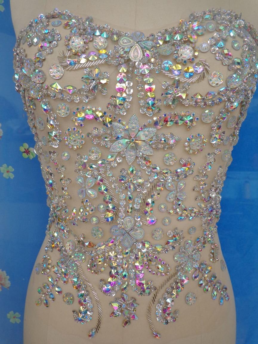 Zbroh Pure Hand Made Clear AB Colour Sew on Rhinestones Applique Crystals Patches 32X32cm for Top Dress Accessories