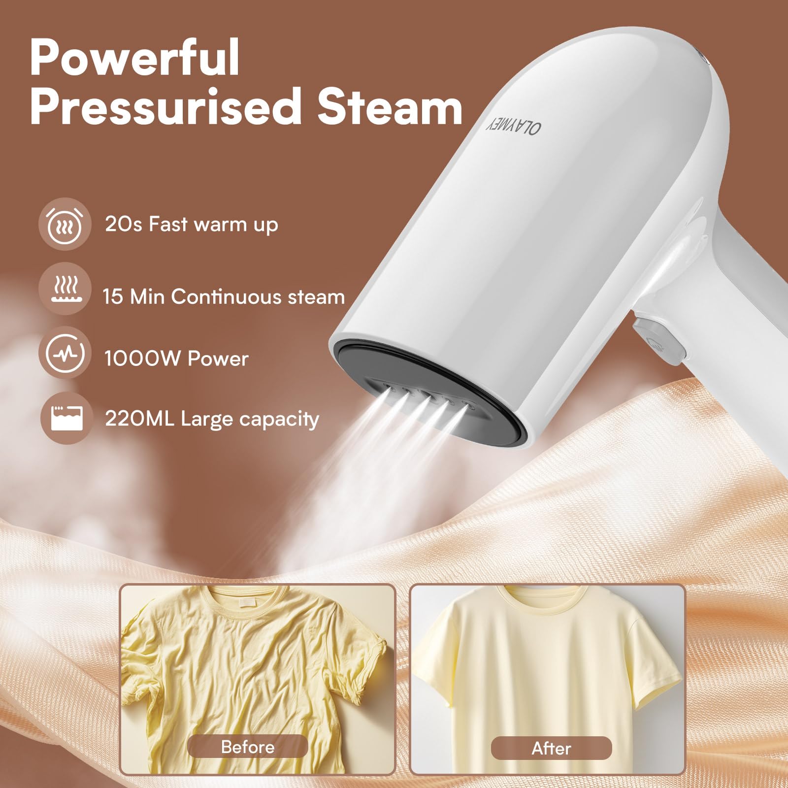 OLAYMEY Ferro da Stiro Verticale 1000W, Stiratore Verticale 20S Riscaldamento Rapido, Ferro da Stiro da Viaggio Bianco, Stirella Verticale con un Clic, Clothes Steamer Iron per Viaggi D'affari, Casa