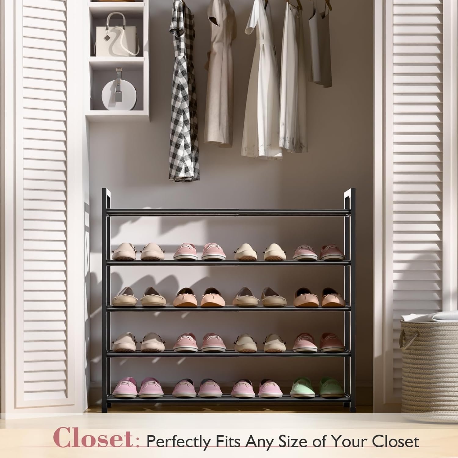 bumusty 5-tier expandable shoe rack for closet, 18“-33” adjustable shoe rack for small space, small shoe organizer for front door, sturdy metal (black) black 5-tier