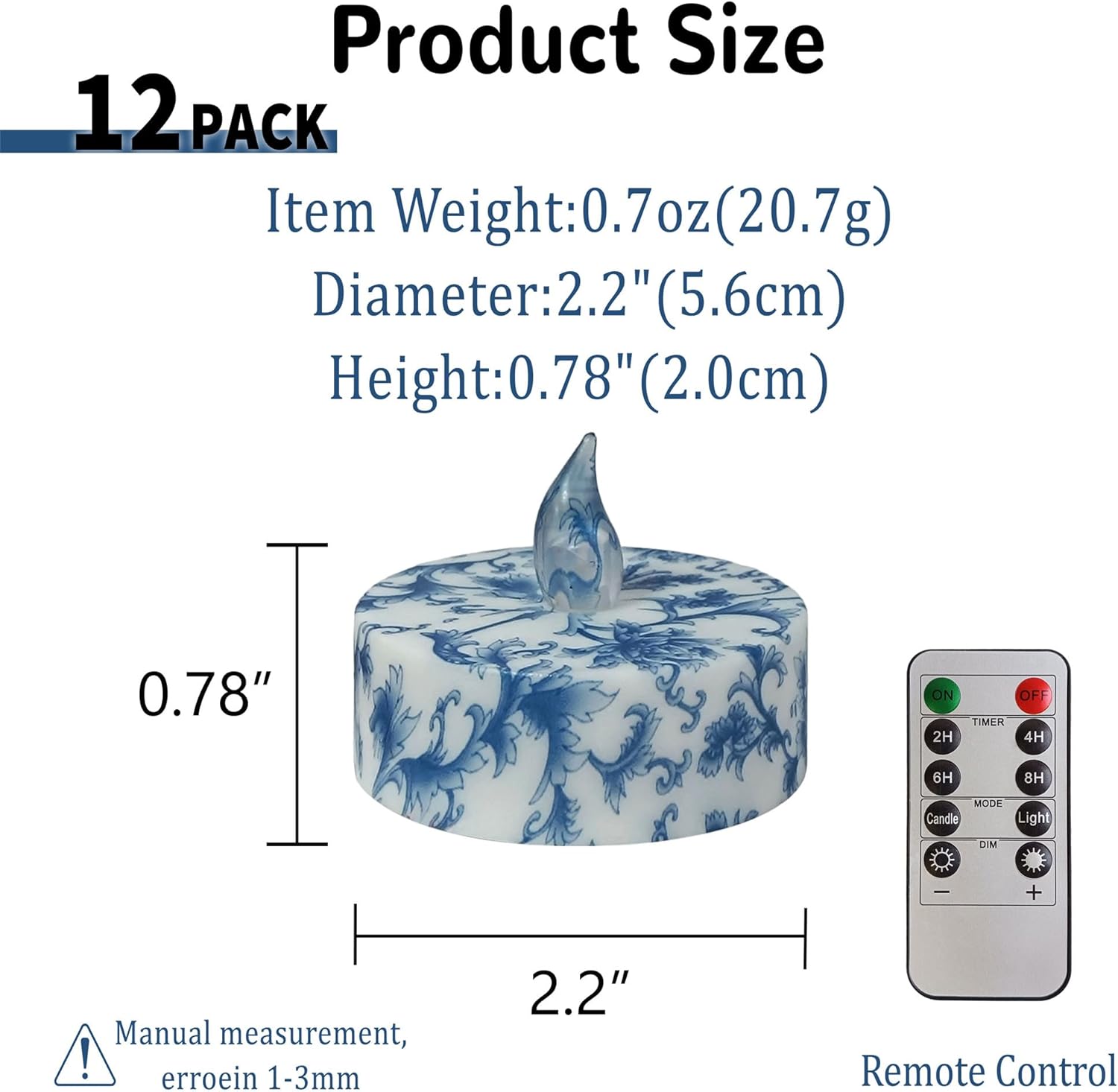 Floral Flameless Tealights with Remote - 12 Pack Blue Flower LED Tealight Candles Battery Operated Tea Lights Safe Realistic Flickering for Home Decor Wedding Party,TLT12P-BF