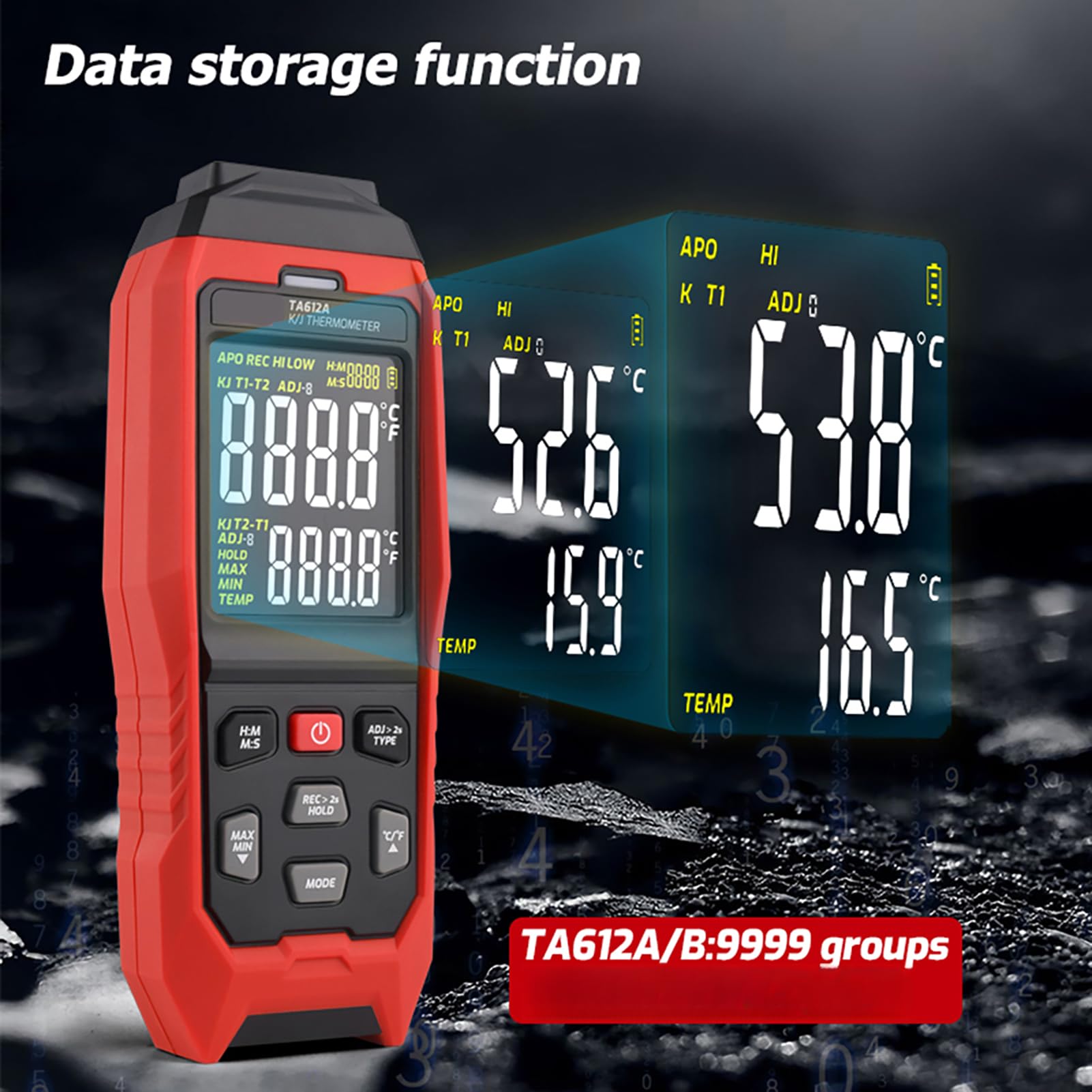 Digitales Thermometer Typ K/J mit Farbdisplay, -200 bis 1372 °C Bereich, Datenspeicherung und Alarm, USB-Upload, tragbar für industrielle Labortests +