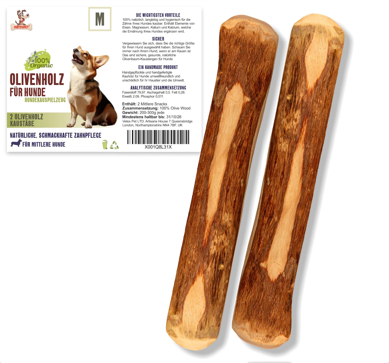 Matchpet Olivenholz für Hunde Mittel 2 Stück Kauholz Mittlere Holzknochen als Hundespielzeug Kauspielzeug Hund