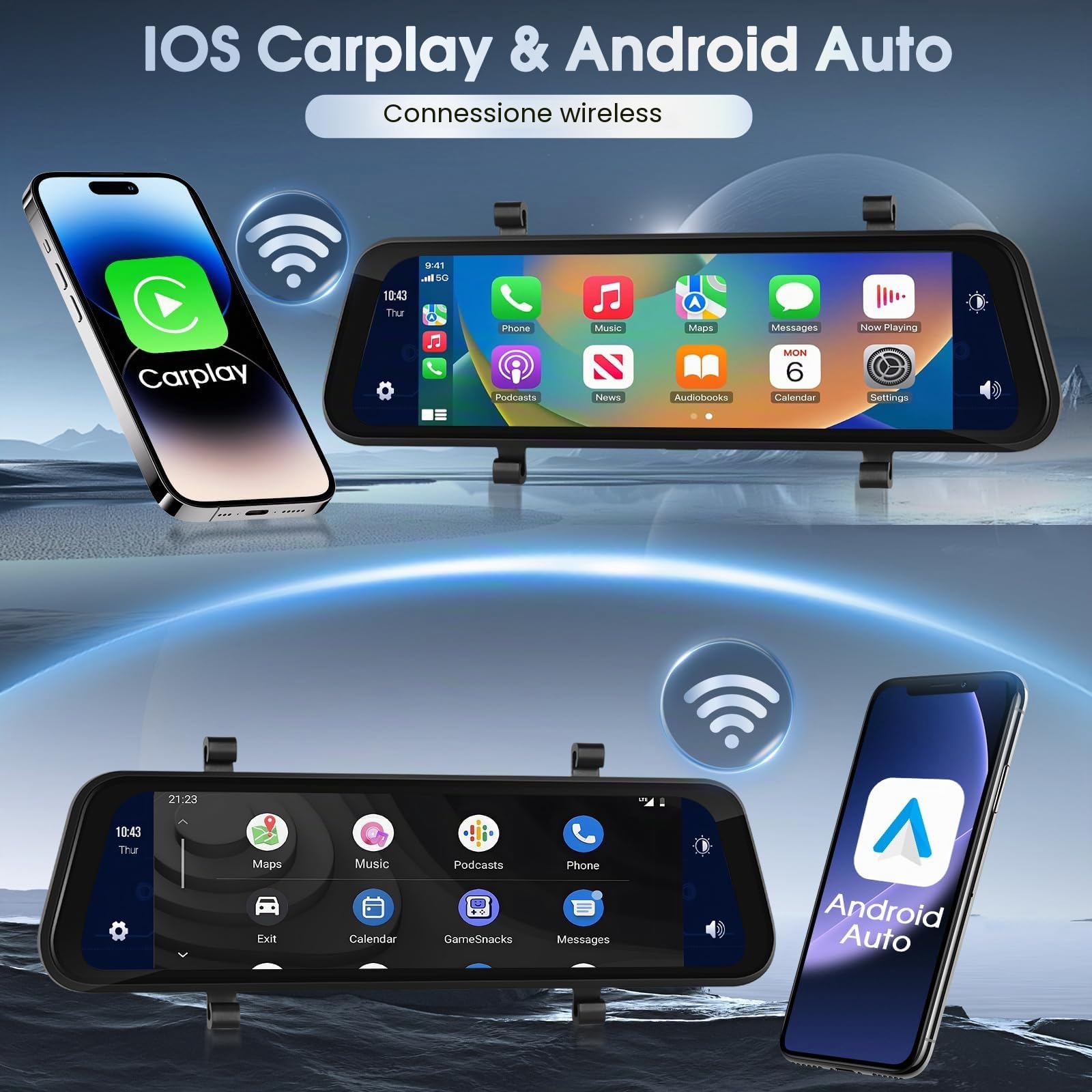 Videocamera 9.66" Specchietto Con Apple Carplay Wireless, Android Auto Con Telecamera Retromarcia HD, IPS Touchscreen Doppio 1080P Videocamera Specchietto Auto, 2 Schermi Divisibili, Bluetooth