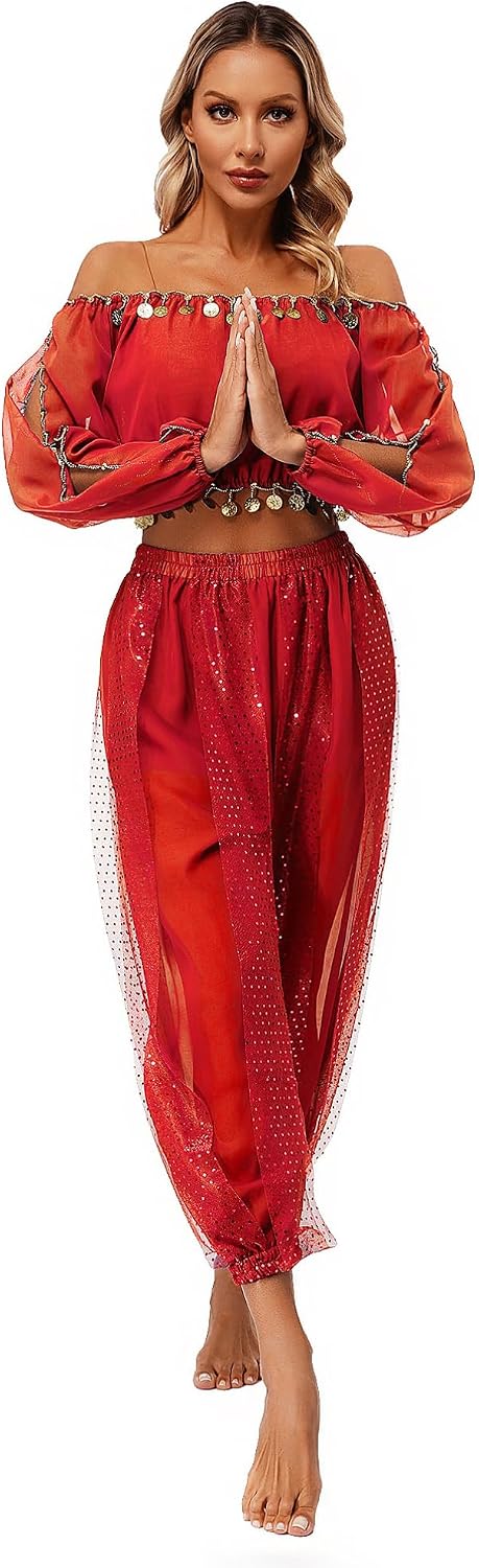 TiaoBug Women's Belly Dance Costume Sequined Long Sleeve Irregular Hem Crop Top with Chiffon Bloomers Pants