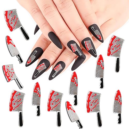12 dijes de uñas de Halloween 3D con cuchillo de sangre, dijes de aleación para uñas, dijes de metal para uñas, diseño de diamantes de imitación,