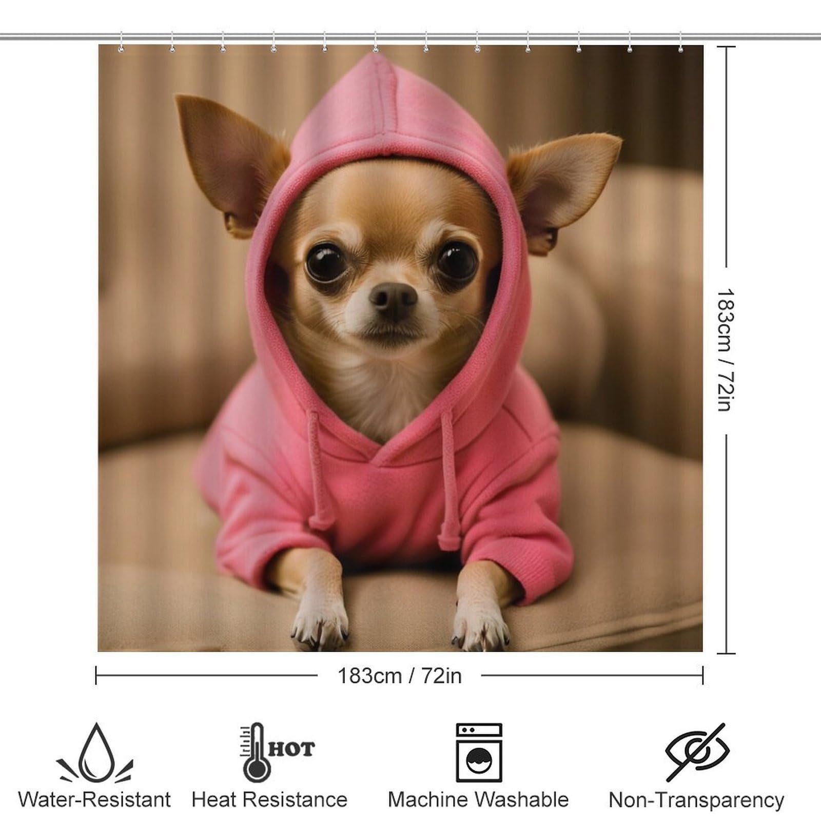 Ensemble de 4 Rideaux de Douche et Tapis de Bain Motif Chiot Chihuahua, hydrofuges et absorbants.