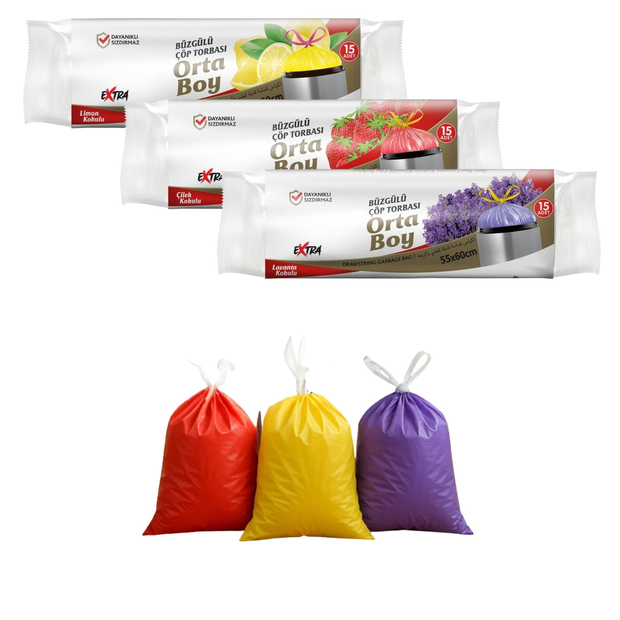 Extra Büzgülü Çöp Torbası, 55x60 cm, Lavanta-Çilek-Limon Kokulu, Sızdırmaz, 3'lü Paket, 15 Adet