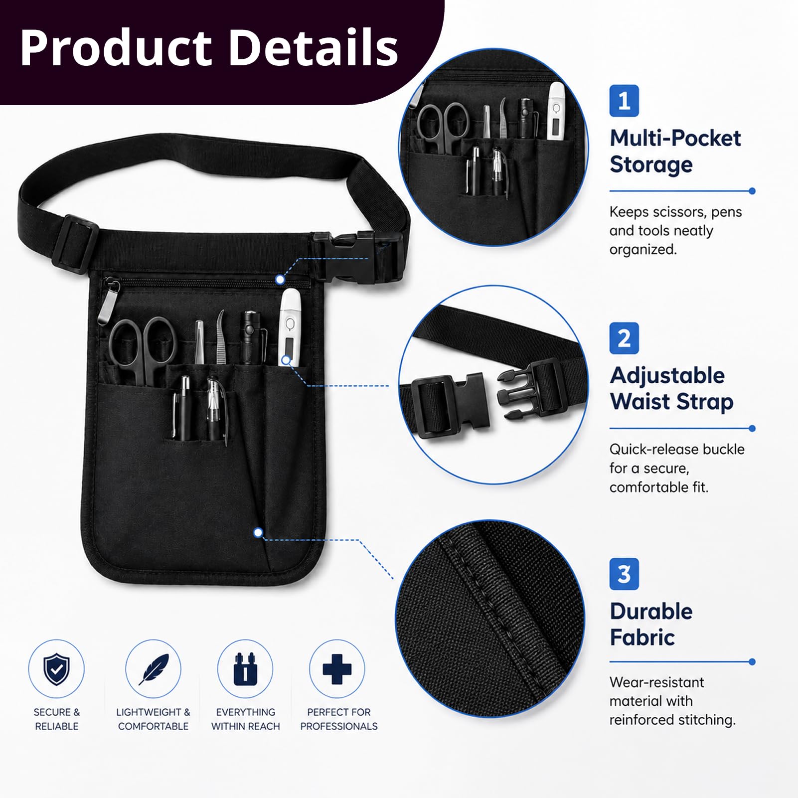 1 pezzo marsupio da lavoro, marsupio per infermiera, organizer per assistenza e servizio, più scomparti per penne e strumenti, cintura regolabile, cerniera, nero