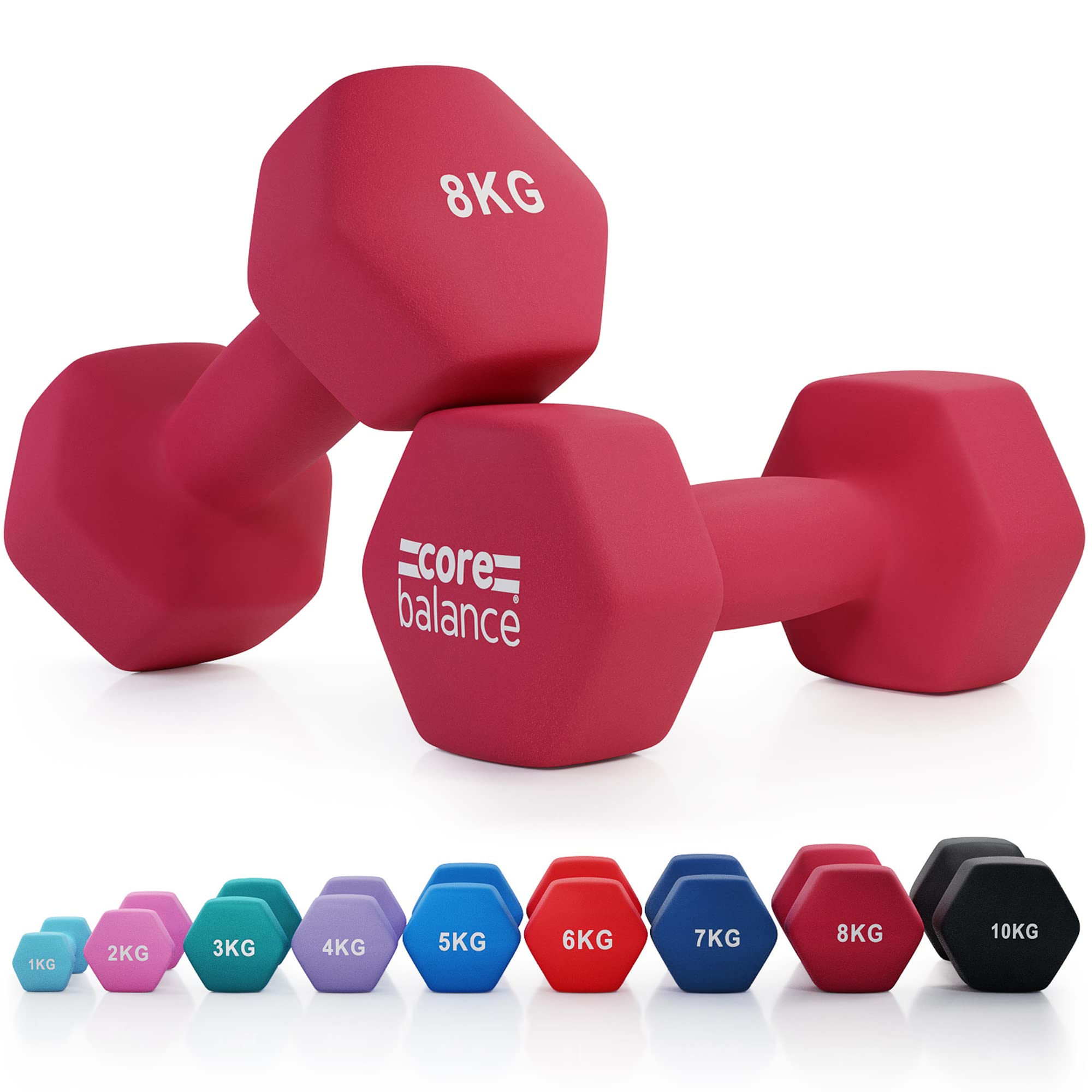 Core Balance 8kg Dumbbell Pair Hex Weight Neoprene Coated Cast Iron Strength Training (Crimson) — image 1