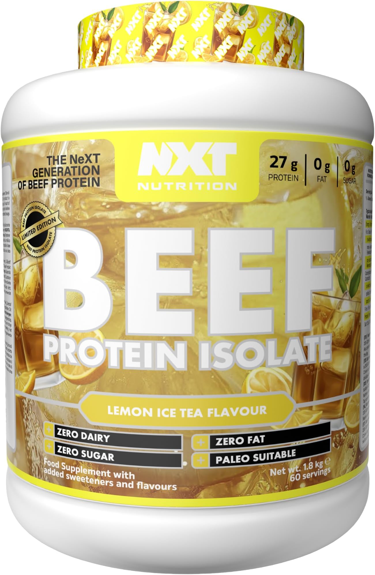 NXT Nutrition Beef Protein Isolate Powder - Protein Powder High in Natural Amino Acids - Paleo, Keto Friendly - Dairy and Gluten Free - Muscle Recovery | 1.8kg | Lemon Ice Tea