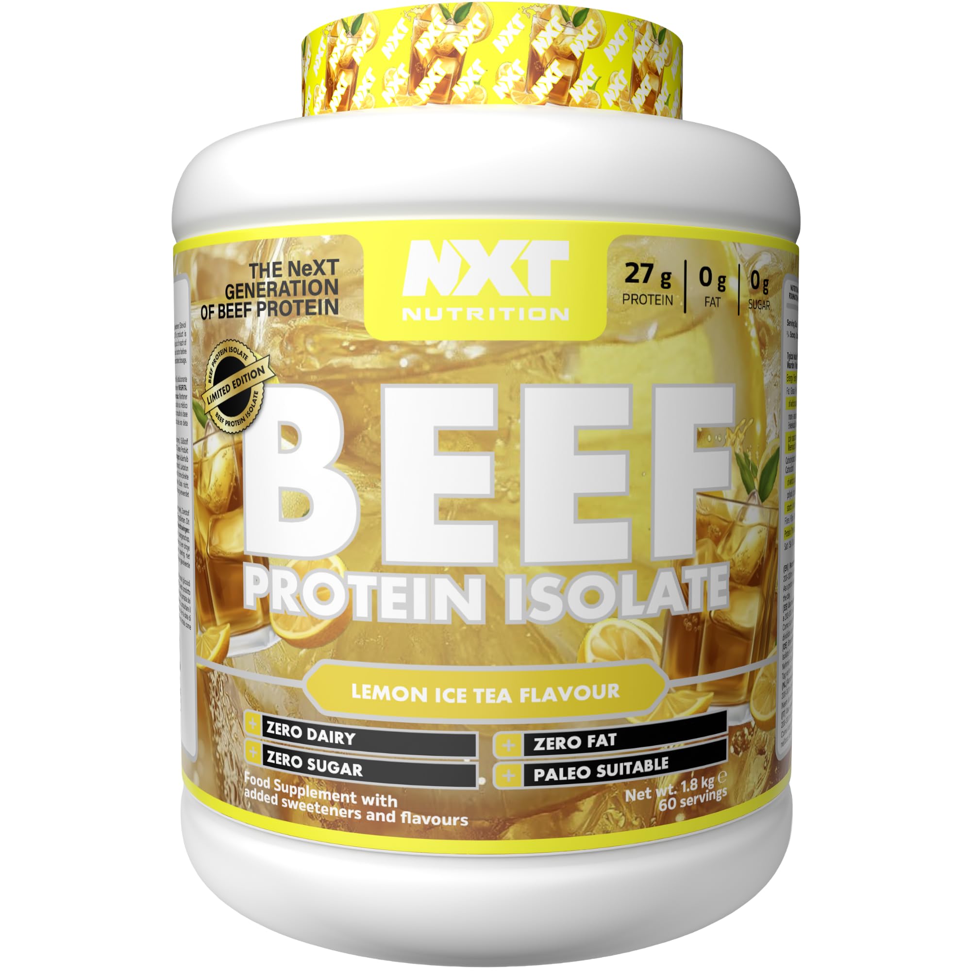 NXT NutritionBeef Protein Isolate Powder - Protein Powder, Alternative to Whey Protein and Vegan Protein Powder, Halal, Lactose, Dairy, Gluten, and Soy Free - 60 Servings 1.8Kg Lemon Ice Tea
