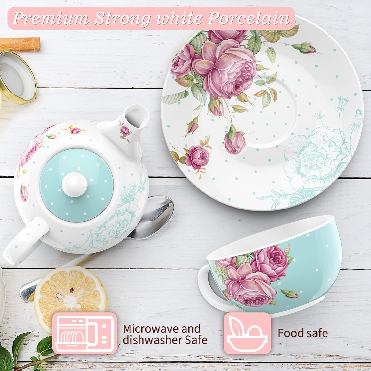 London Boutique Tea for One Teapot Teacup Saucer Set Afternoon Tea Set for 1 New Bone China Vintage Flora Gift for Women 350m (Turquoise)