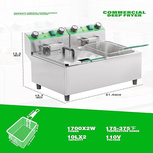 Miniatura 6 de Freidora comercial de 20L21.2QT con temporizador, freidora eléctrica de mostrador de doble tanque con cestas dobles y tapas, control de temperatura