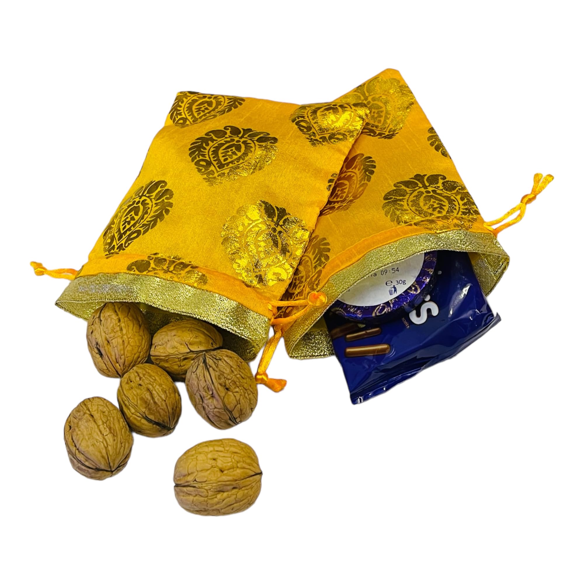 Moira Lot de 25/50/100 sacs cadeaux unisexes en brocart de soie doré avec fermeture à cordon pour cadeaux/rangement de bijoux/chocolats/fruits secs (jaune, 100)