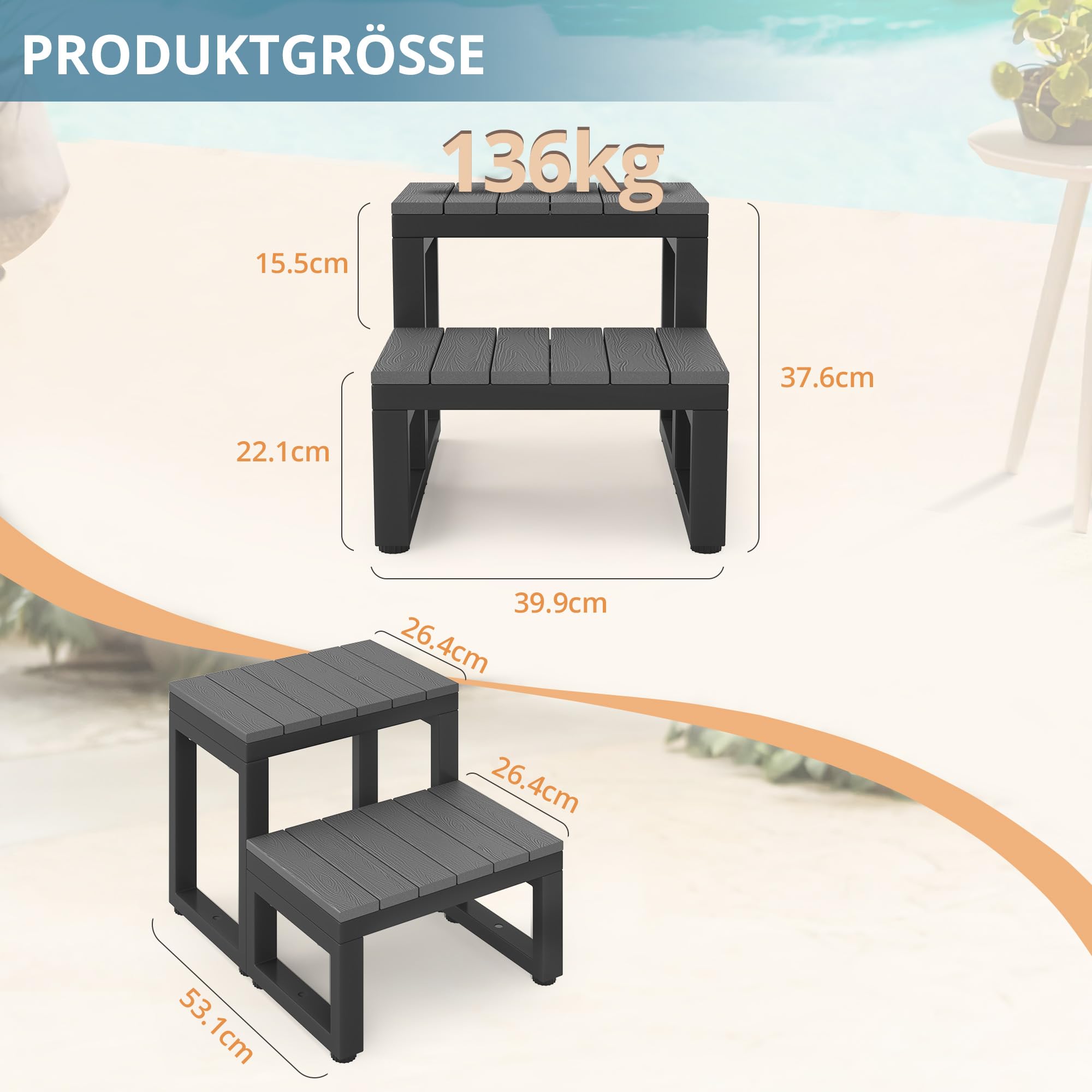 LUE BONA 2-Stufen Whirlpooltreppe, rutschfeste Poolleiter mit HDPS-Stufen & Aluminiumrahmen, für Whirlpool, Pool & Terrasse, 40 x 53 x 38 cm,Dunkelgrau