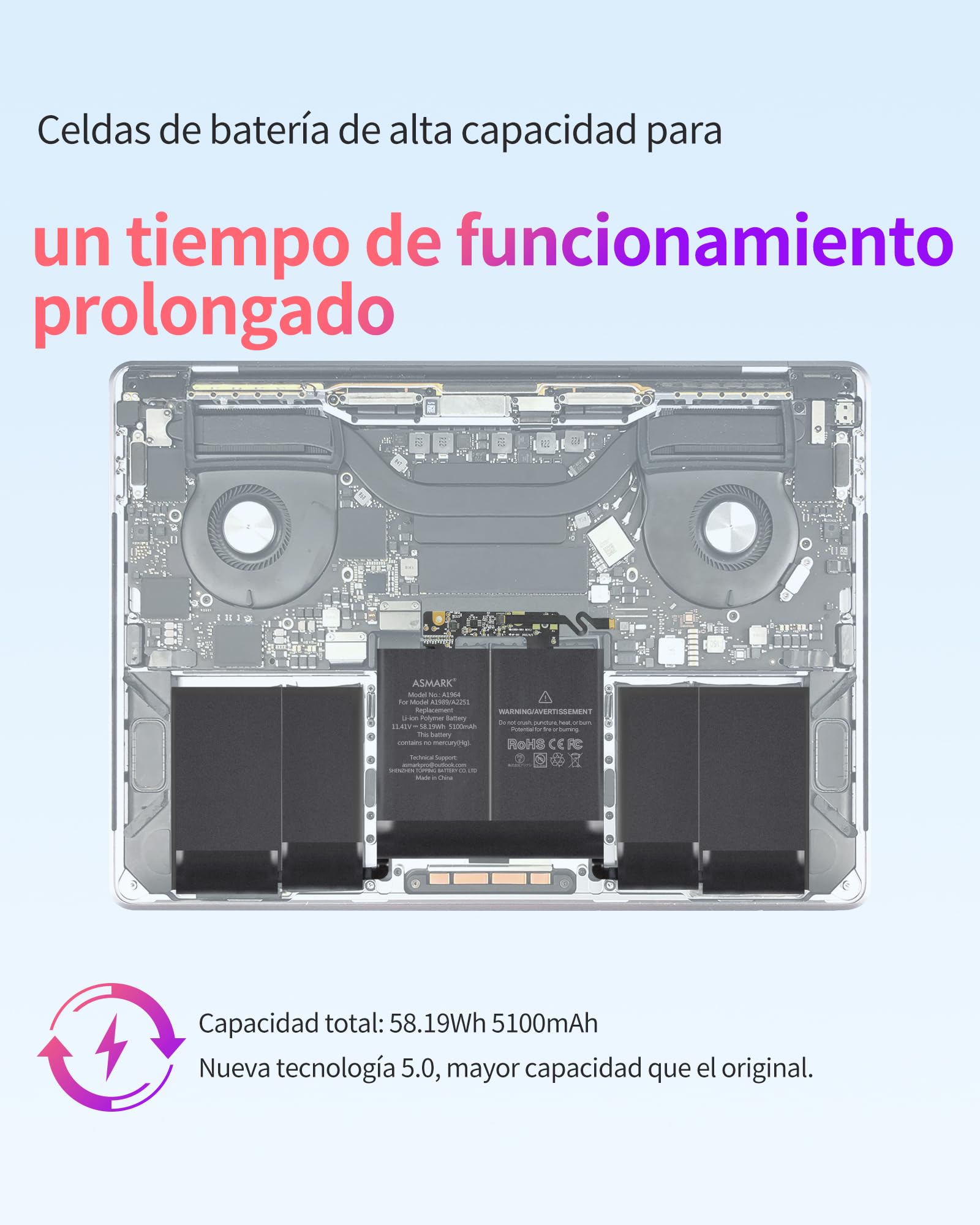 ASMARK Batería para MacBook Pro A2251, 13 Pulgadas, 2020, A1964 Battery | 11,41 V 5100 mAh 58,19 Wh, batería A1964, EMC 3214/3358/3348, hasta 1000 ciclos, kit de herramientas y guía