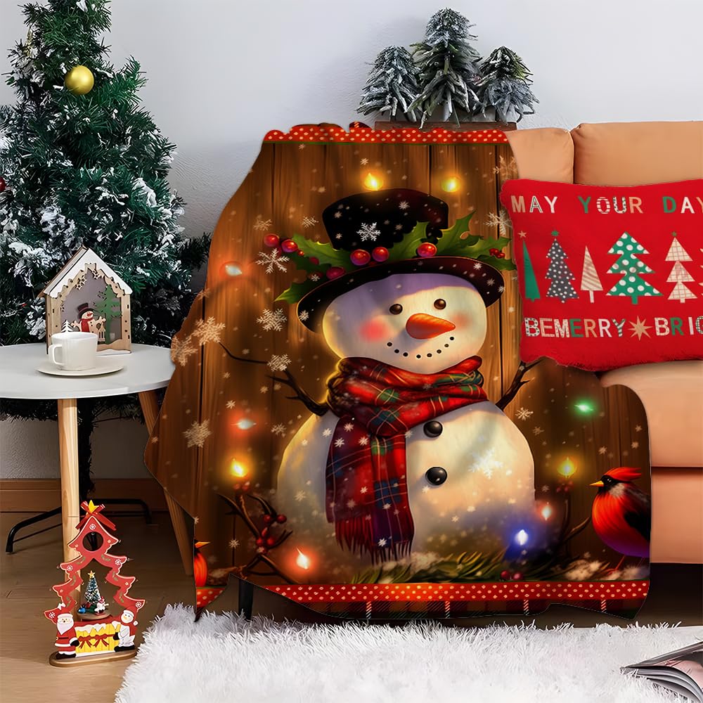 Lighted Snowman Christmas Fleece Blanket Super Soft Cozy Throw Blanket Throw 40X50inch, Lightweight Fuzzy Comfy Textured Flannel Blanket Warm Plush