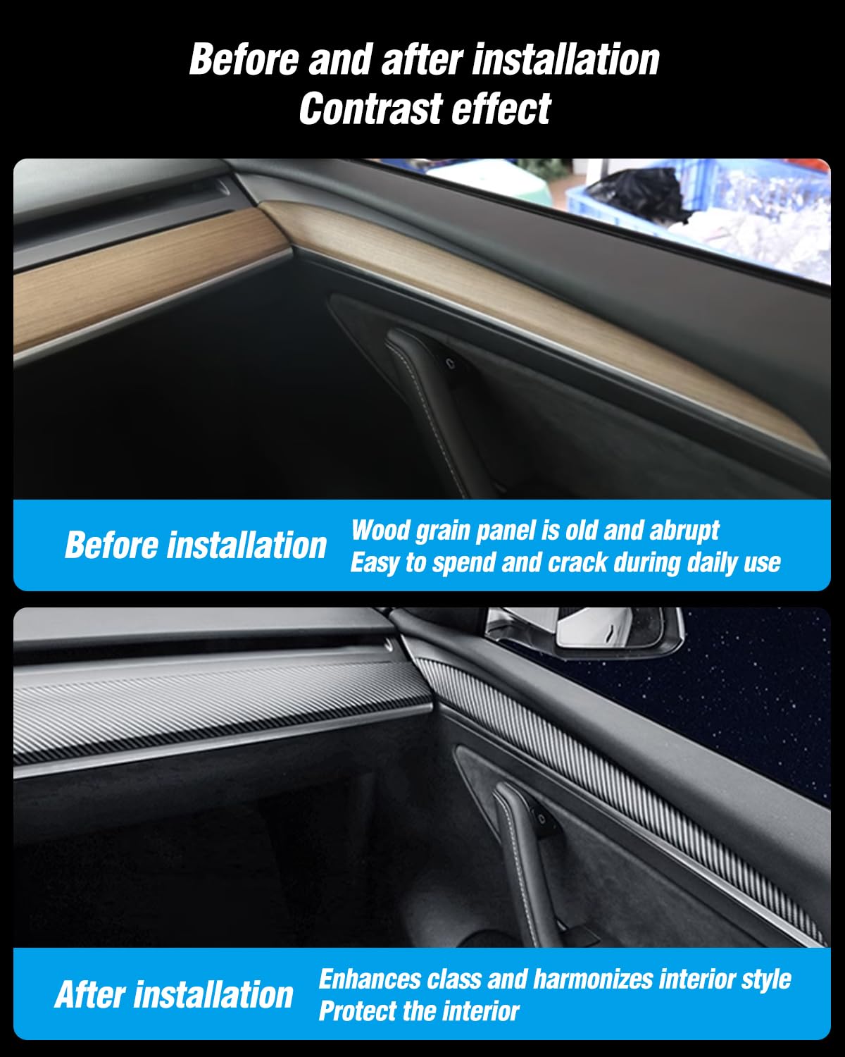 Copertura per cruscotto e rivestimento interno della portiera anteriore compatibile con Tesla modello 3/y (Mattes Karbonfasermuster)