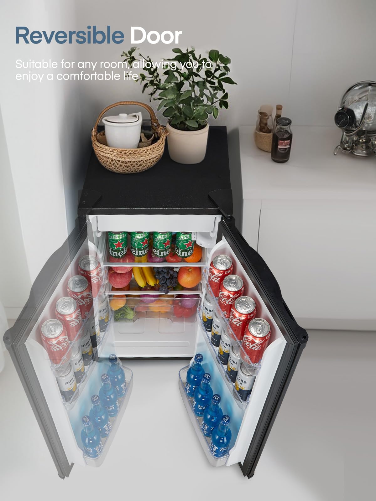 FOHERE Kühlschrank mit Gefrierfach 90L | Kühlschrank Klein mit Obst- und Gemüsefach | 7 Einstellbare Temperaturregelung | 84kWh/Jahr | Türanschlag wechselbar | Verstellbare Füße | Schwarz