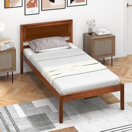 Miniatura 7 de Giantex Cama de plataforma de madera individual con cabecero, marco de cama de madera maciza de mediados de siglo con soporte de listones de madera,