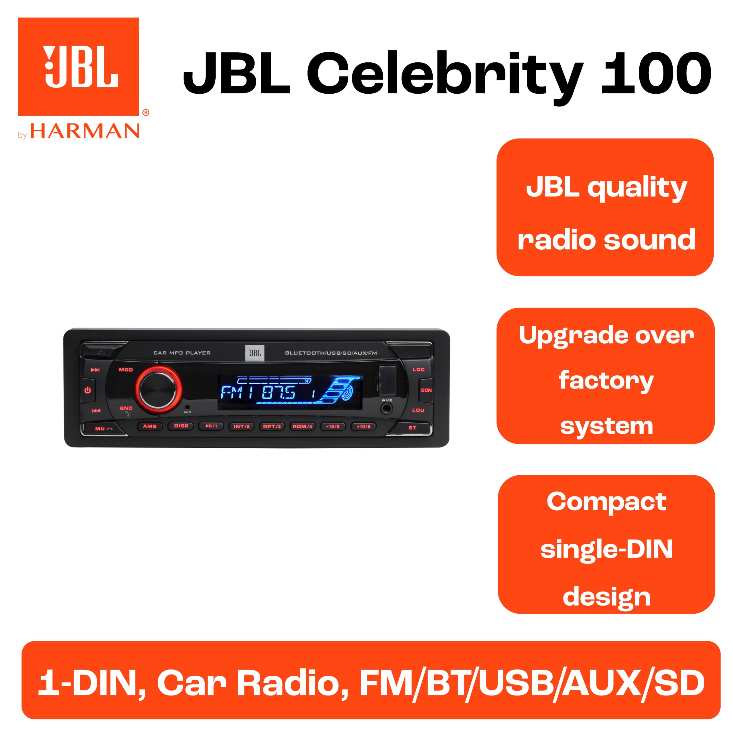 JBL Autoradio Bluetooth Voiture Celebrity 100 par Harman Kardon, Poste Radio 1 DIN, 4x50W, FM, Streaming Bluetooth, kit Main Libre Voiture, écran Amovible, USB, SD et AUX