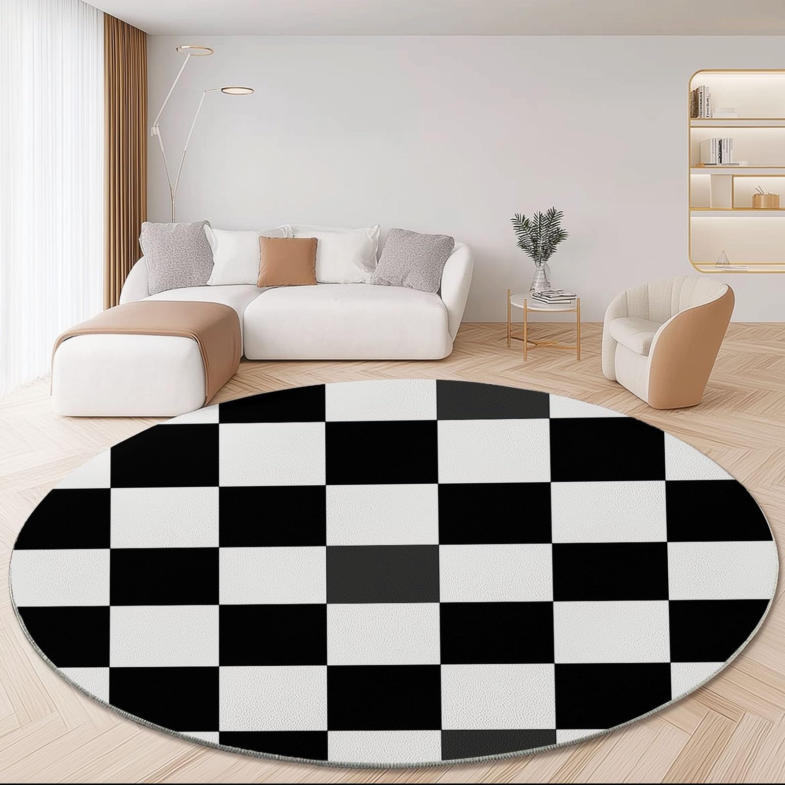 Tapis Rond de 140 cm en Flanelle Douce aux Motifs de Carreaux et Rayures Noir et Blanc. Un Classique indémodable pour Habiller Le Sol d'une entrée, d'un Salon scandinave ou d'un Bureau.