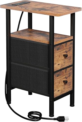 HETNDP02BR-1 - Mesa auxiliar estrecha con cajones de tela, mesita de noche delgada para dormitorio, espacios pequeños, sofá, marrón, HETNDP02BR-1
