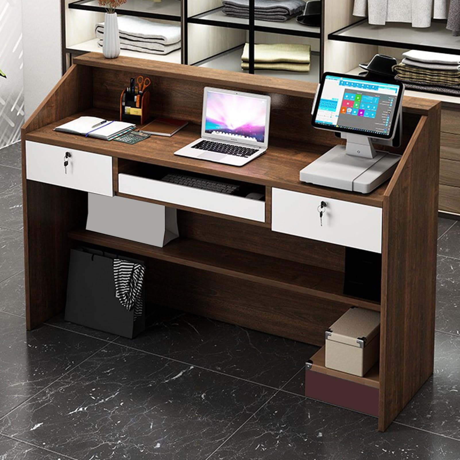 Moderno banco reception con cassetti chiudibili Elegante contatore cassa in legno per salone hotel hall negozio di abbigliamento e ufficio Postazione di lavoro di benvenuto compatta