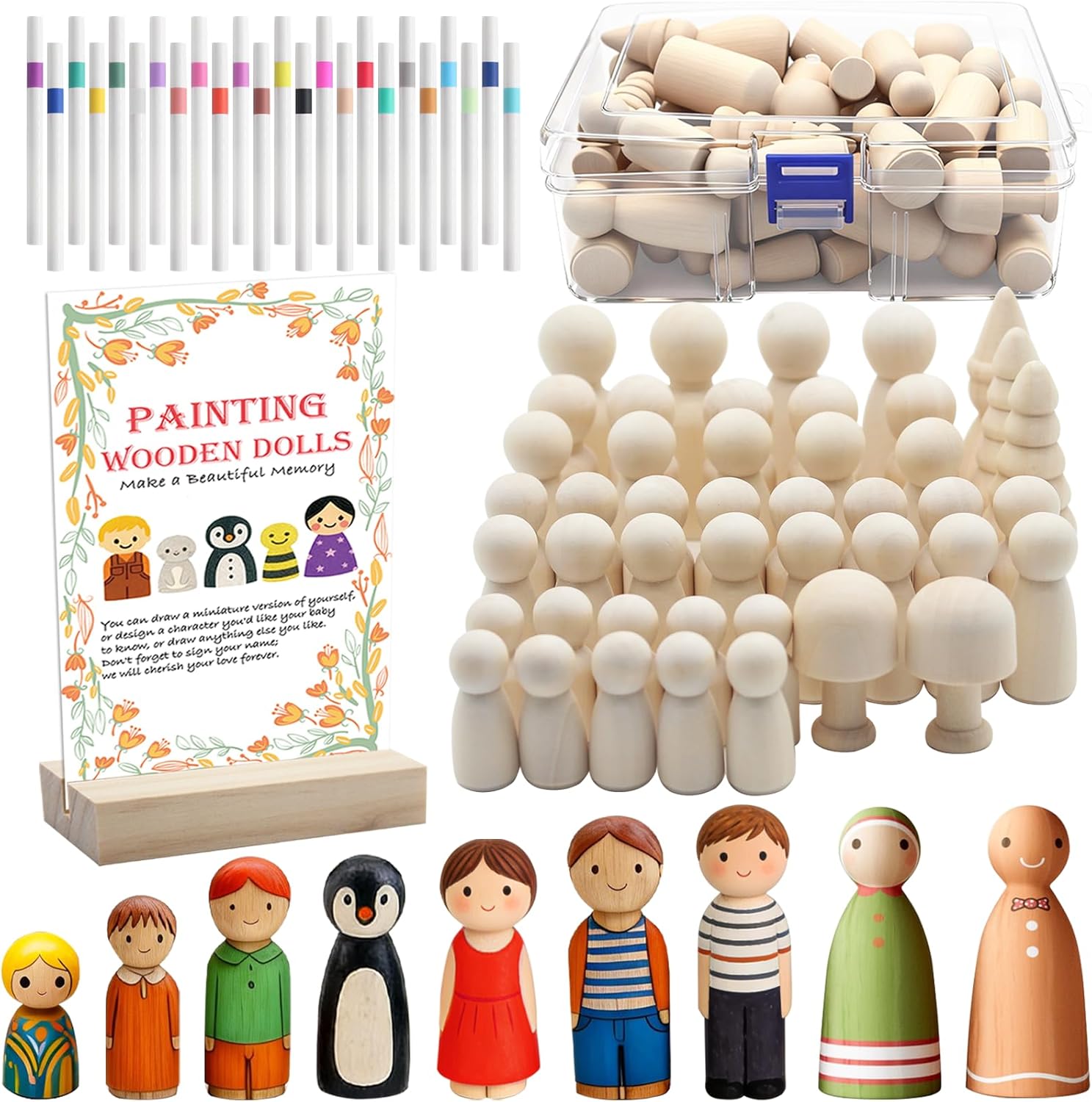 AuroraTurn 72 PCS Fun Baby Shower Games Painting Kit, 45 DIY Wooden Blank Dolls for Coloring with Box, 24 Acrylic Marker Pens for Baby Shower Gender Reveals Party Activities