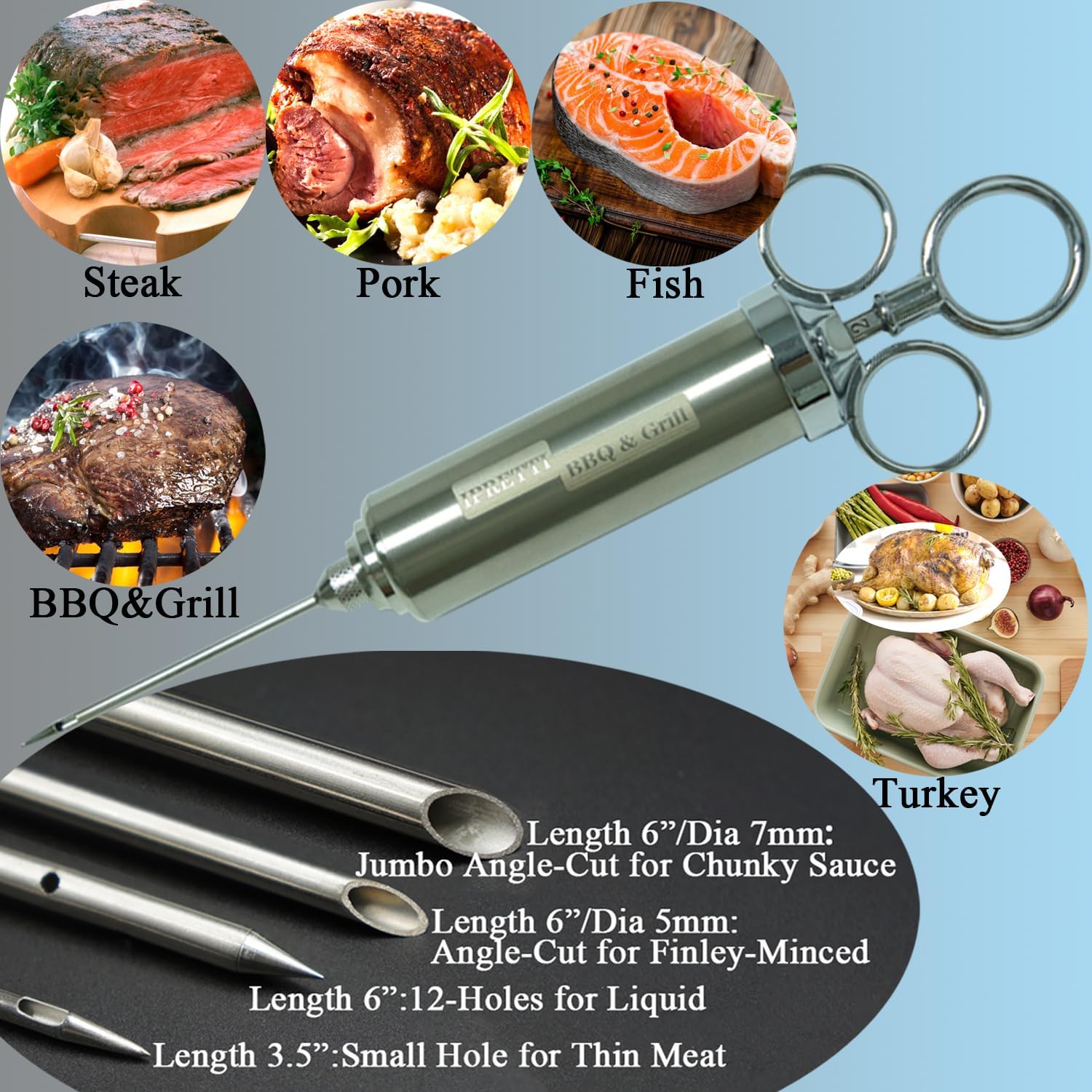 SUS 304 Meat Injector Syringe Kit with 2PCS Meat Shredder Claws,4PCS Marinade Seasoning Needles,1PC SUS 304 Flavour Brush,2OZ Meat Marinade Injector set for BBQ & Grill Smoker,Turkey & Brisket