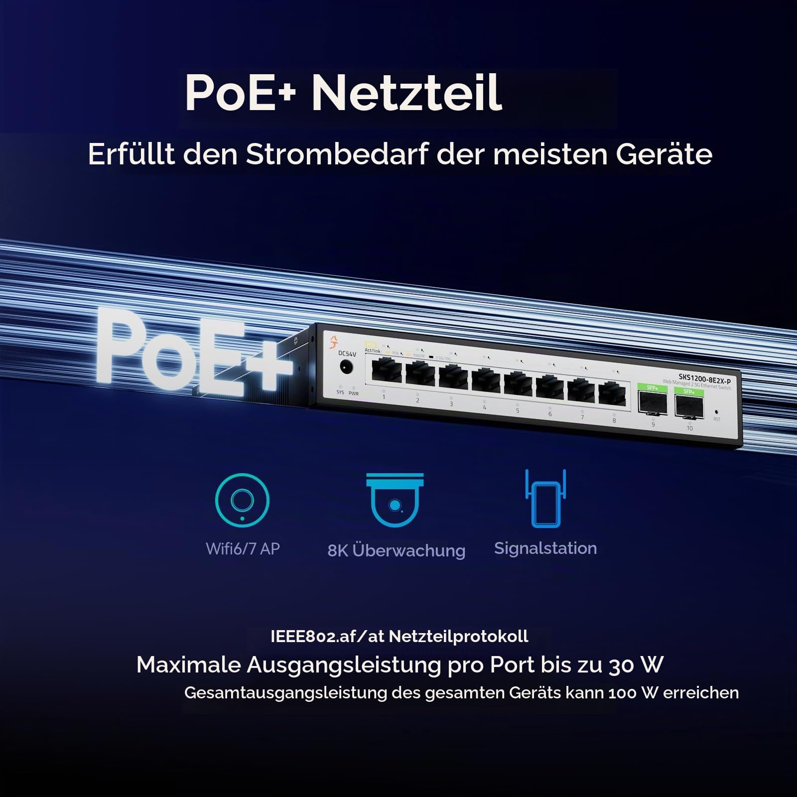 8-Port 2.5G PoE+ Unmanaged Ethernet Switch | 8X 2.5G RJ45 PoE+ 2X 10G SFP+ | PoE switch Plug-and-play Lüfterloses Metall, leise Geringer Verbrauch für Heim, Büro & Überwachung für NAS, WiFi 6 AP