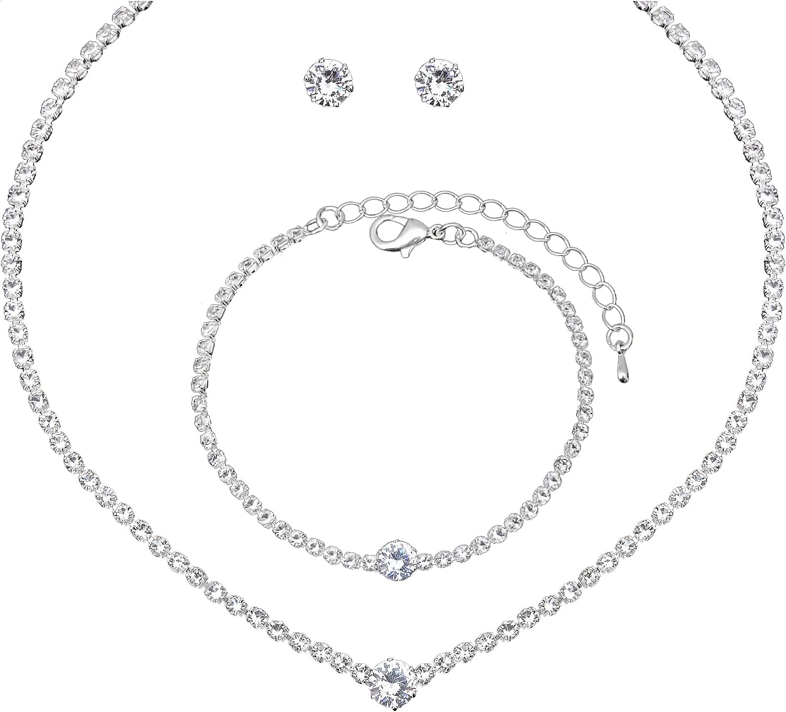 Silver Choker Necklace Earrings Tennis Bracelet Set Cubic Zirconia Crystal Wedding Jewelry Sets for Bride Bridesmaid Prom Formal Costume Accessories