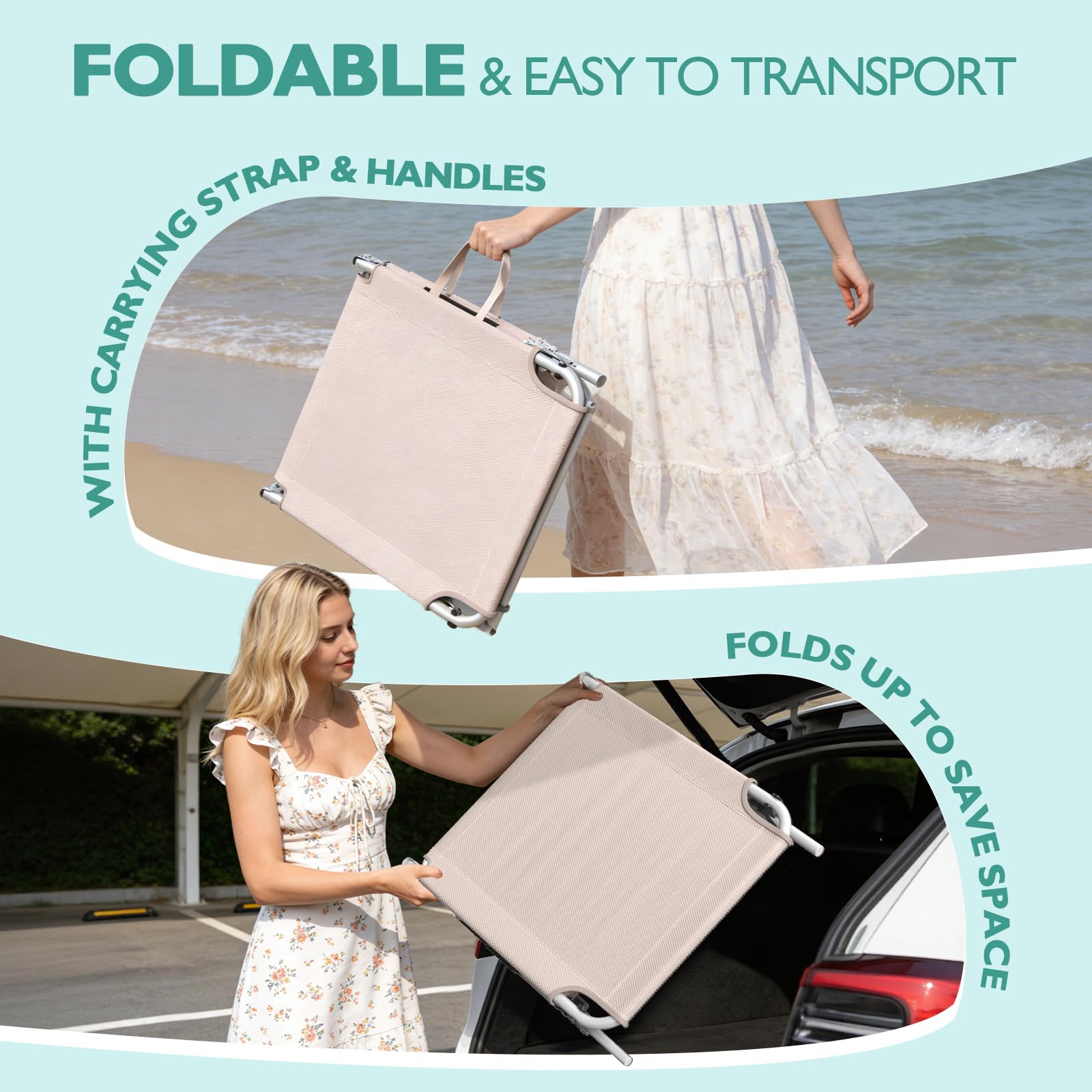 Transat Pliant avec Toile Solaire 194x67,5cm – Chaise Longue Multi-Positions & Parasol 360°, 600D Oxford, INCL. Poche Latérale & Sangle de Transport (Chaise Camping, Kaki)