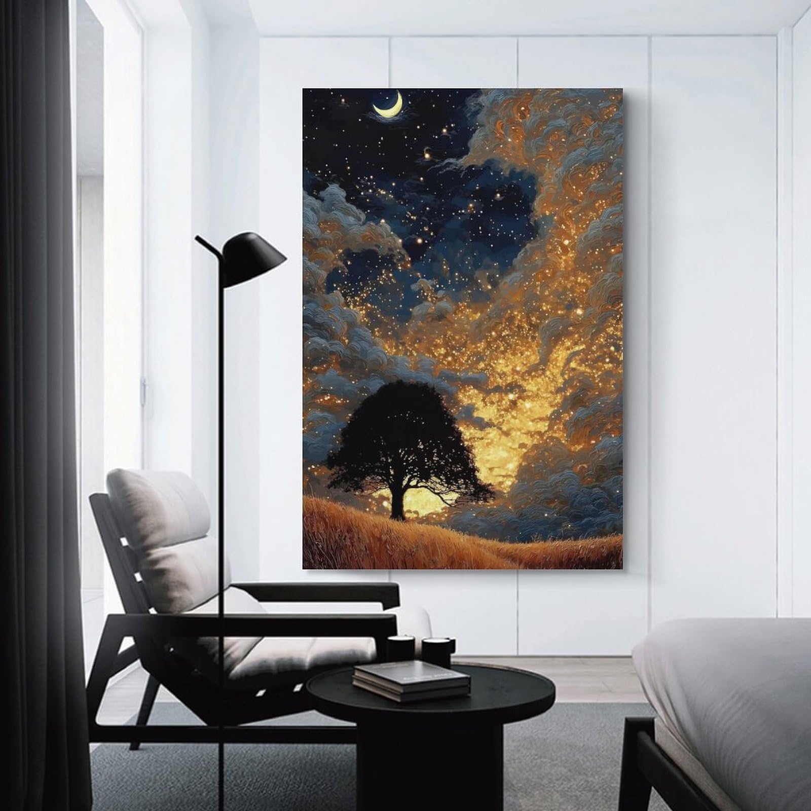 Junmoney Night Sky Tree with Golden Clouds Canvas Wall Decor 12x18inch(30x45cm), for Calm Bedrooms, Home Corners Or Flats, A Warm Accent for Relaxed Interiors