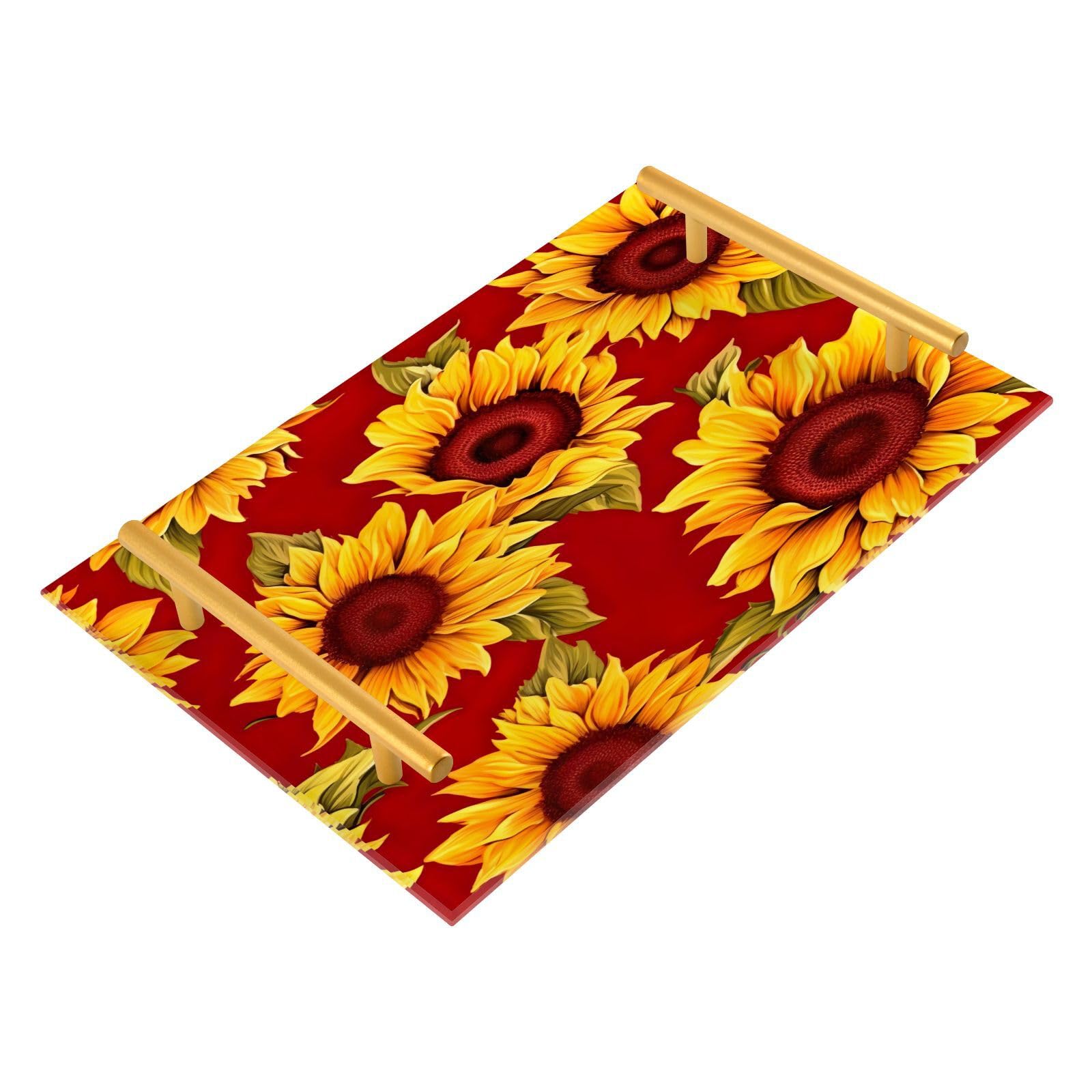 Wassud Bathroom Vanity Tray with Handles Sunflower Pattern Acrylic Jewelry Perfume Organizer for Bathroom Kitchen Counter 11.81