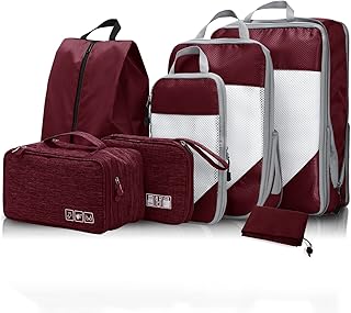 NICOSHOW Compression Packing Cubes Travel Organizer, 7 Set Packing Cubes for Carry-on Luggage with 3 Compressible Luggage Cubes, Shoe Bag, Underwear Cube, Cable Organizer & Laundry Bag