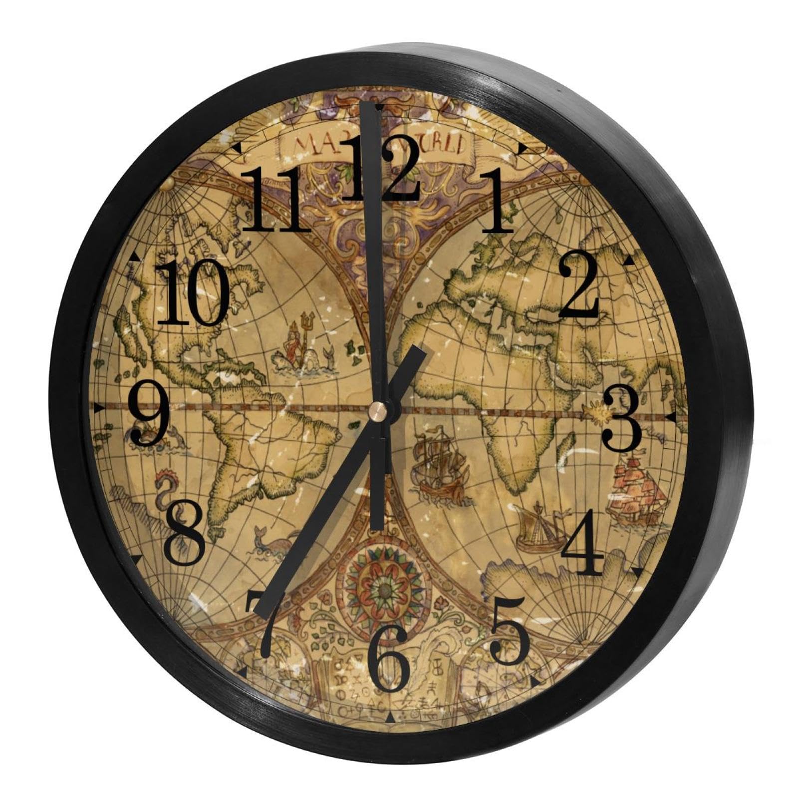 Horloge murale silencieuse ronde à quartz à piles motif carte vintage rétro