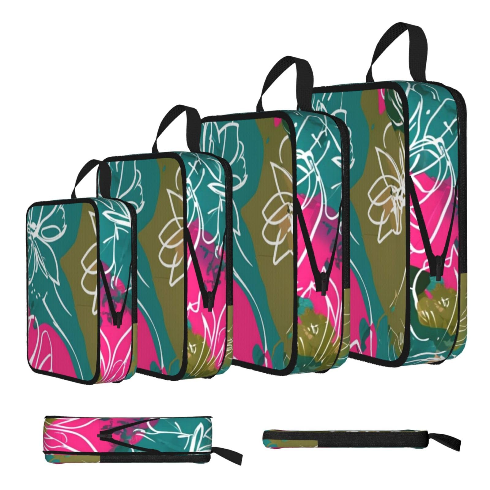 Abstract Floral Pattern Print Packing Cubes for Travel Space Saver Bags, Compression Packing Cubes Set of 4, Expandable Luggage Organisers, Suitcase Organiser Bags