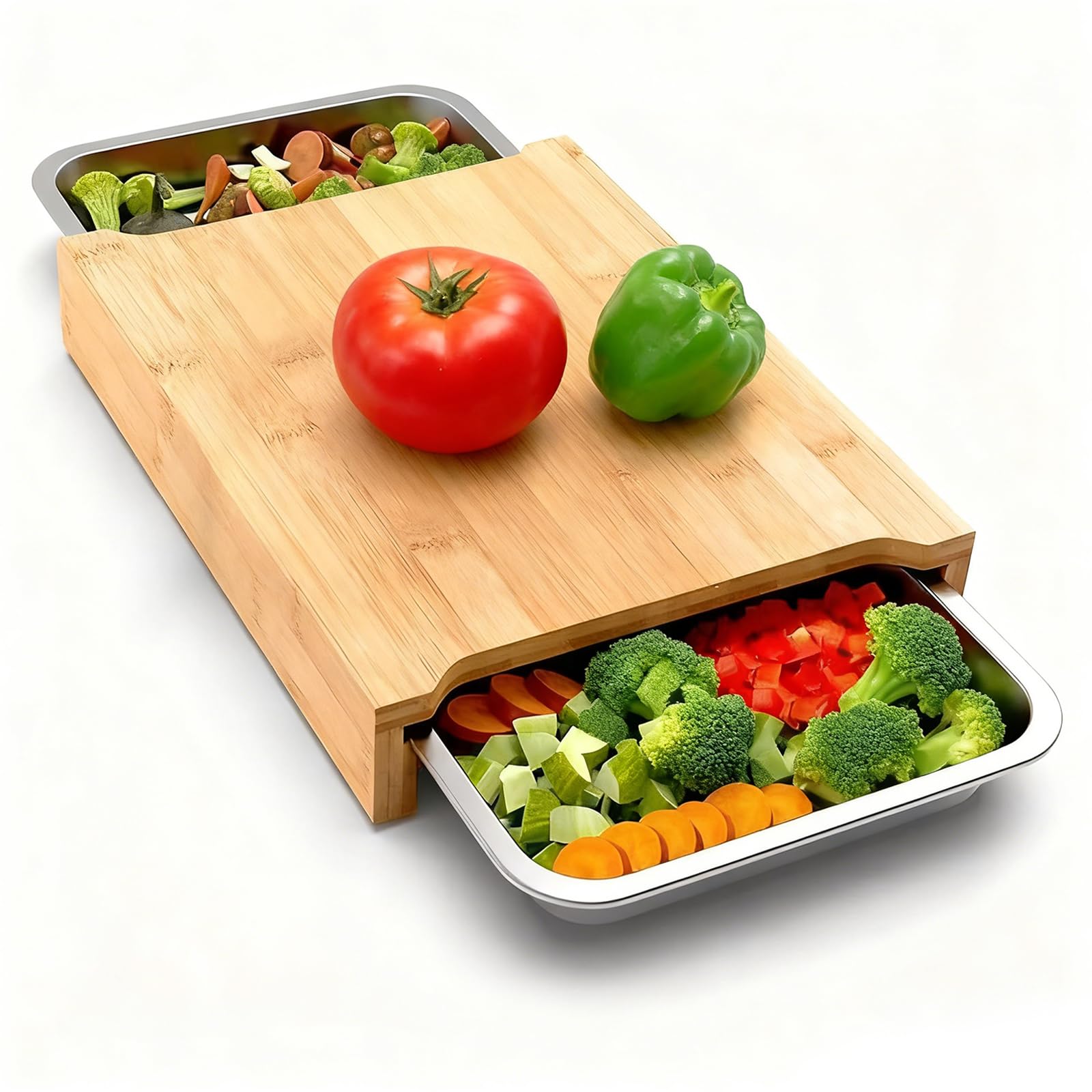 Tabla de cortar de bambú, tabla de cortar de cocina con 2 bandejas deslizantes de acero inoxidable para preparación de alimentos, carne, verduras