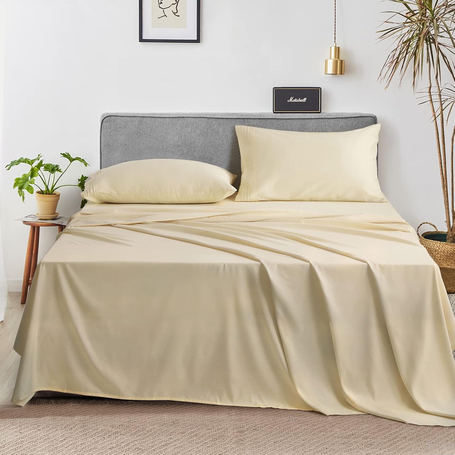 FRAYLON Sheets for King Size Bed-Egyptian Cotton Sheets 4 PC True 600 Thread Count Cooling Deep Pockets Sheets up to 14 Inch-Ultra Soft, Wrinkle Free-Beige/Yellow