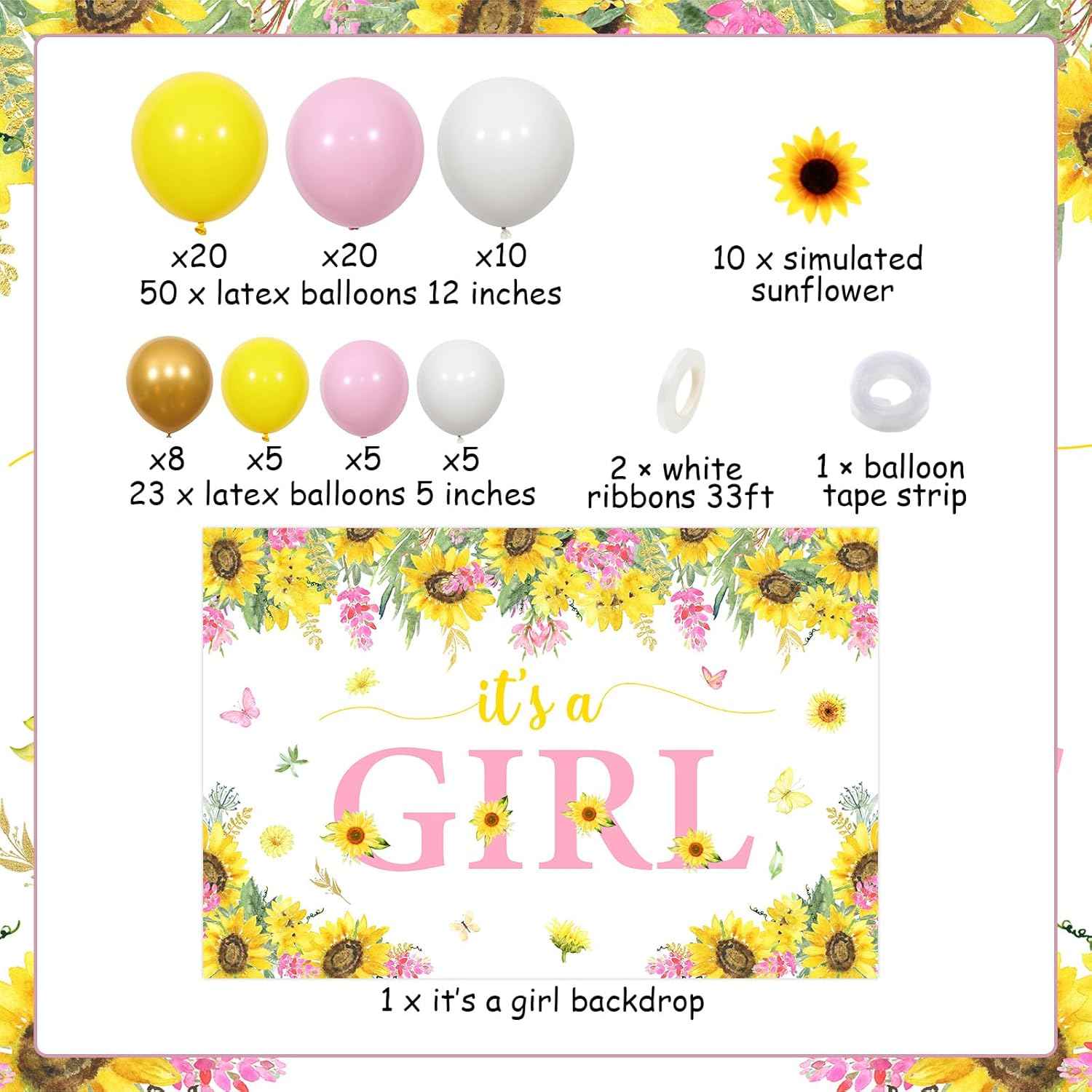 Jollyboom Sunflower Baby Shower Decorations - It's a Girl Backdrop Balloon Garland Arch Kit with Simulated Sunflower Flowers